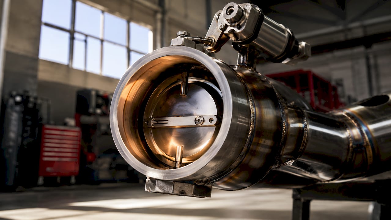 Close-up of butterfly valve glowing from heat inside exhaust pipe