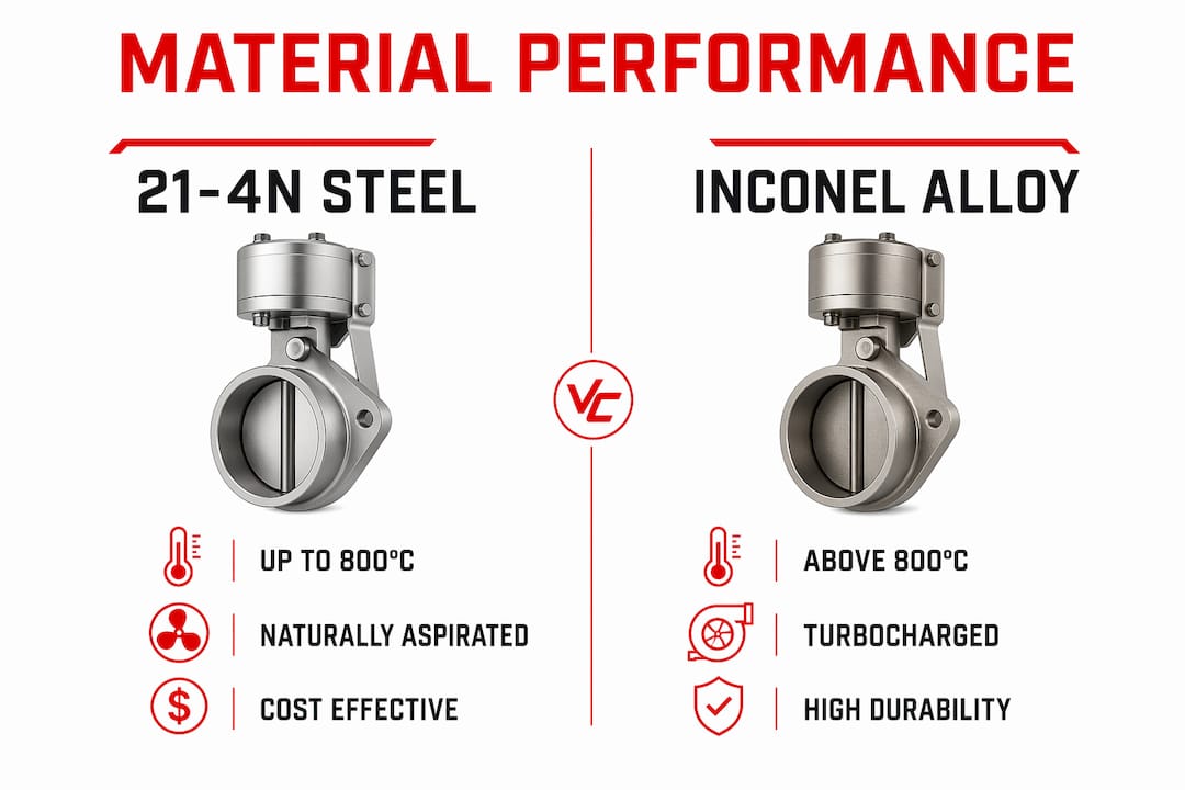 Infographic comparing 21-4N steel and Inconel alloy exhaust valves