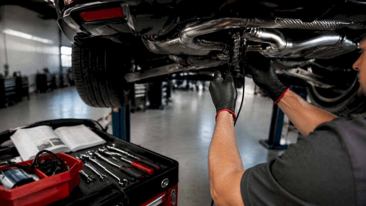 Technician installing valved exhaust system on luxury car