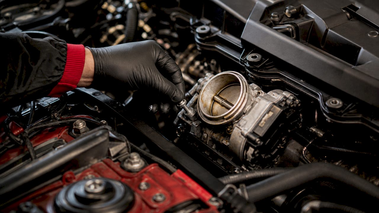 Close overhead of BMW exhaust valve actuator in engine bay