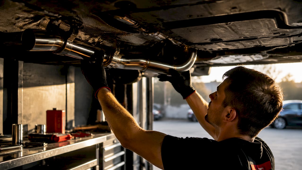 Hands fitting Audi cat-back exhaust pipe