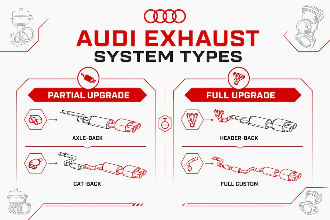 Comparison infographic of Audi exhaust system types