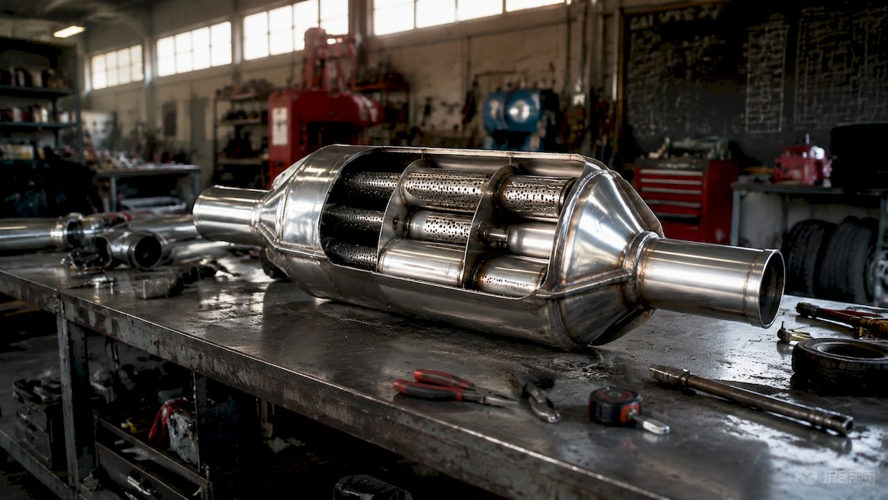 Close-up of RSC muffler on workshop bench