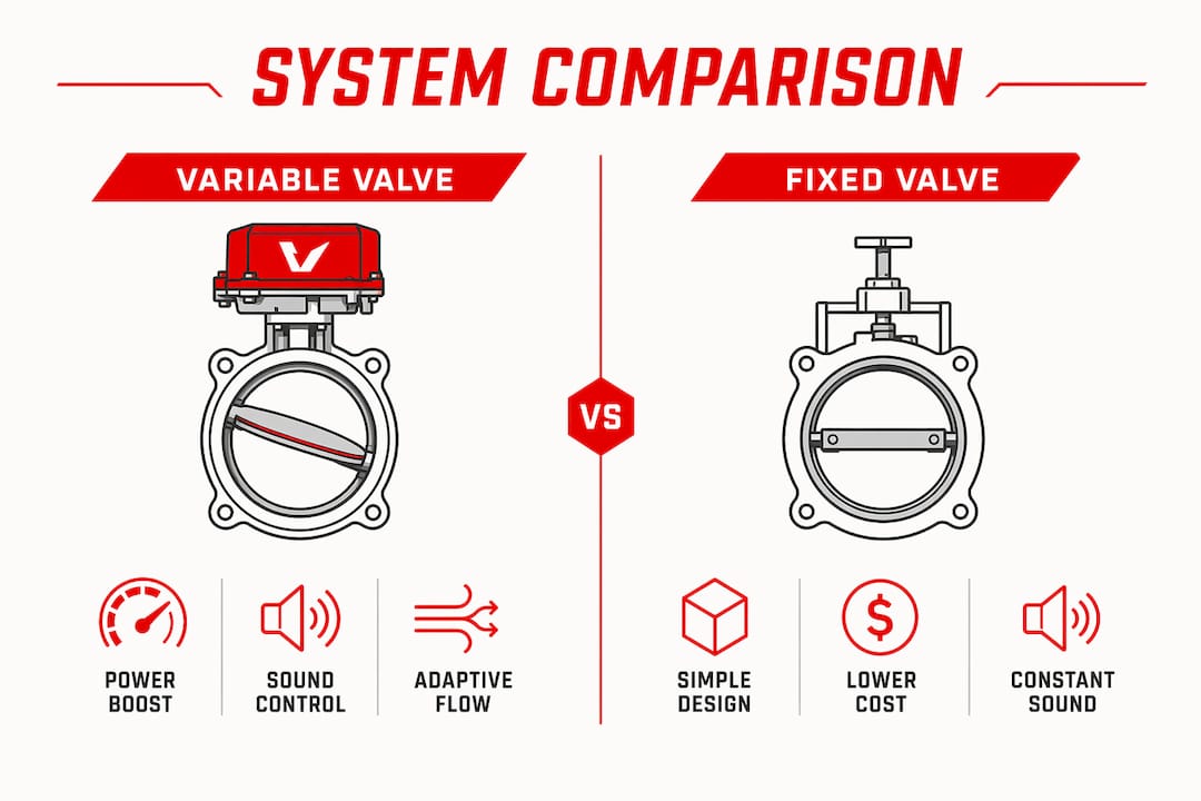 Infographic comparing variable and fixed exhaust systems