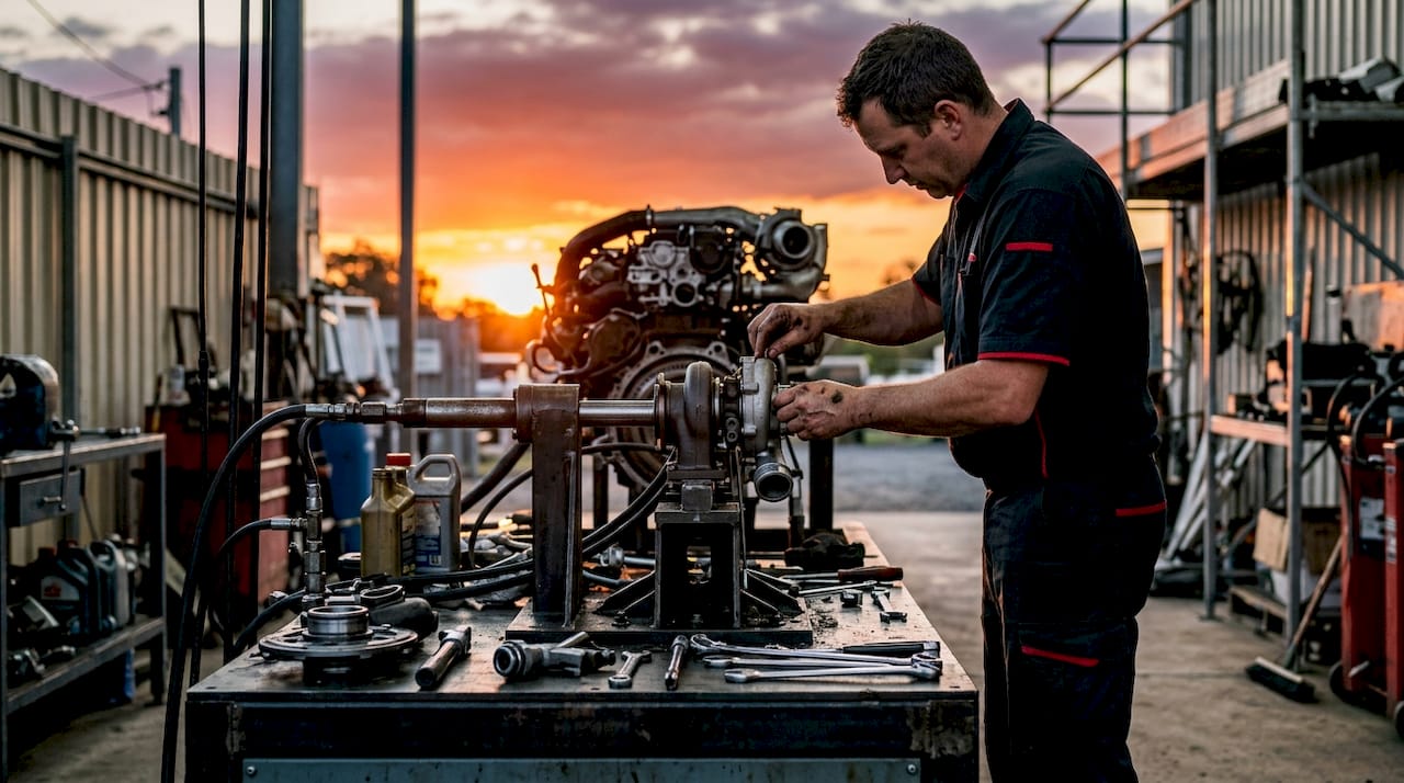 Hands adjusting turbocharger on test engine
