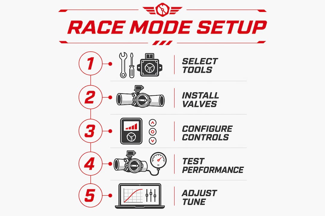 Infographic showing steps for race mode exhaust configuration