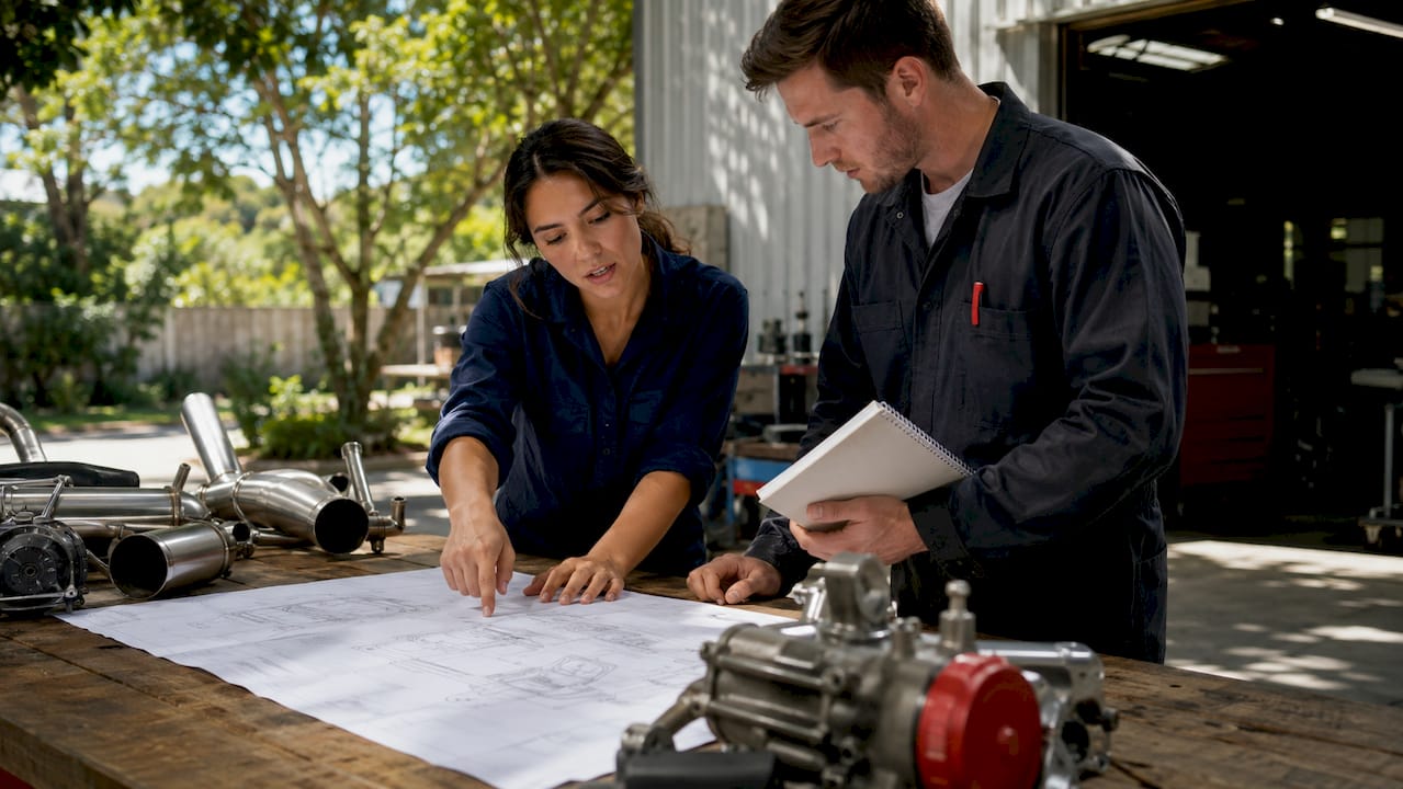 Engineers discussing exhaust valve setup blueprint