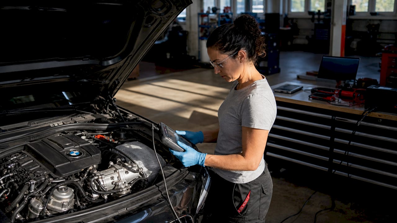 Female specialist using diagnostic tool on BMW exhaust valve
