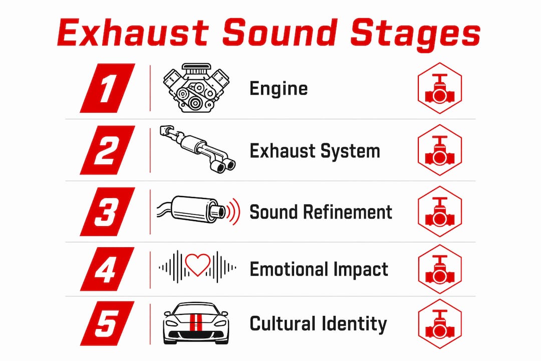 Infographic illustrating stages of exhaust sound influence