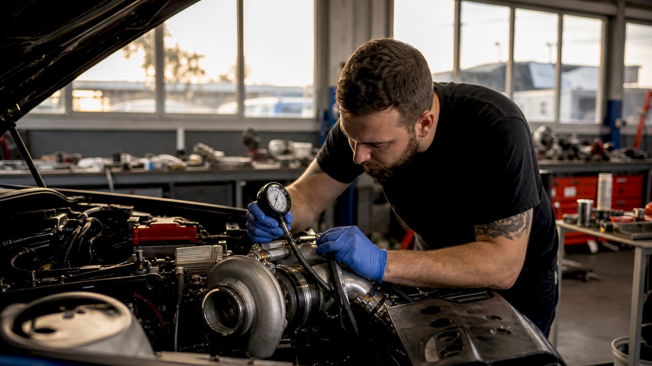 Mechanic hands adjusting turbocharger in engine bay