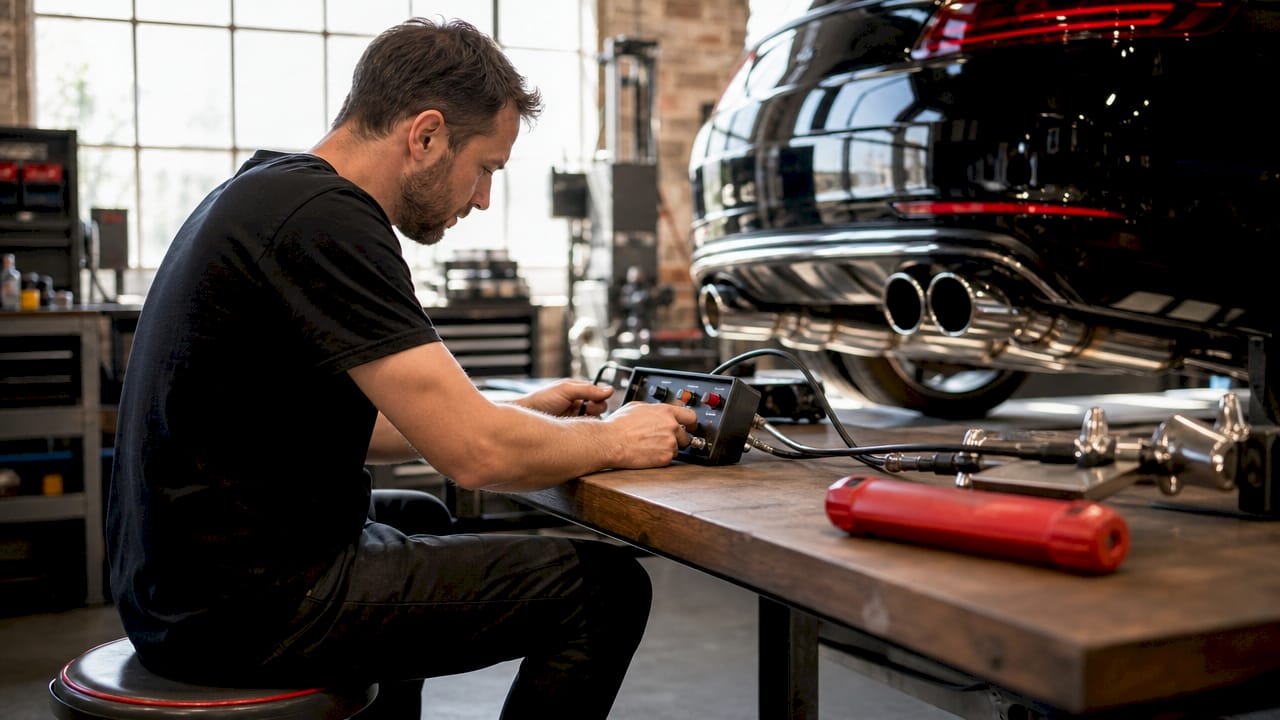 Driver adjusting valve exhaust sound controls inside car