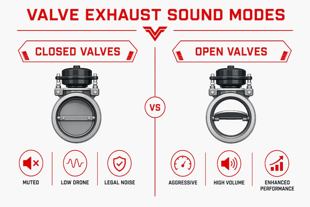 Infographic comparing valve exhaust sound modes closed vs open