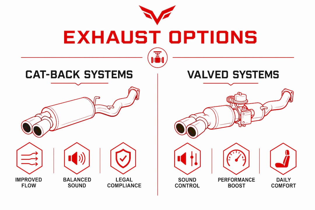 Infographic comparing cat-back and valved exhaust systems