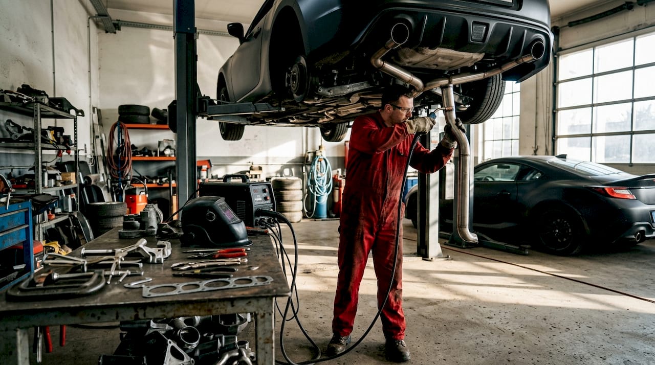 Hands welding sports car exhaust pipe