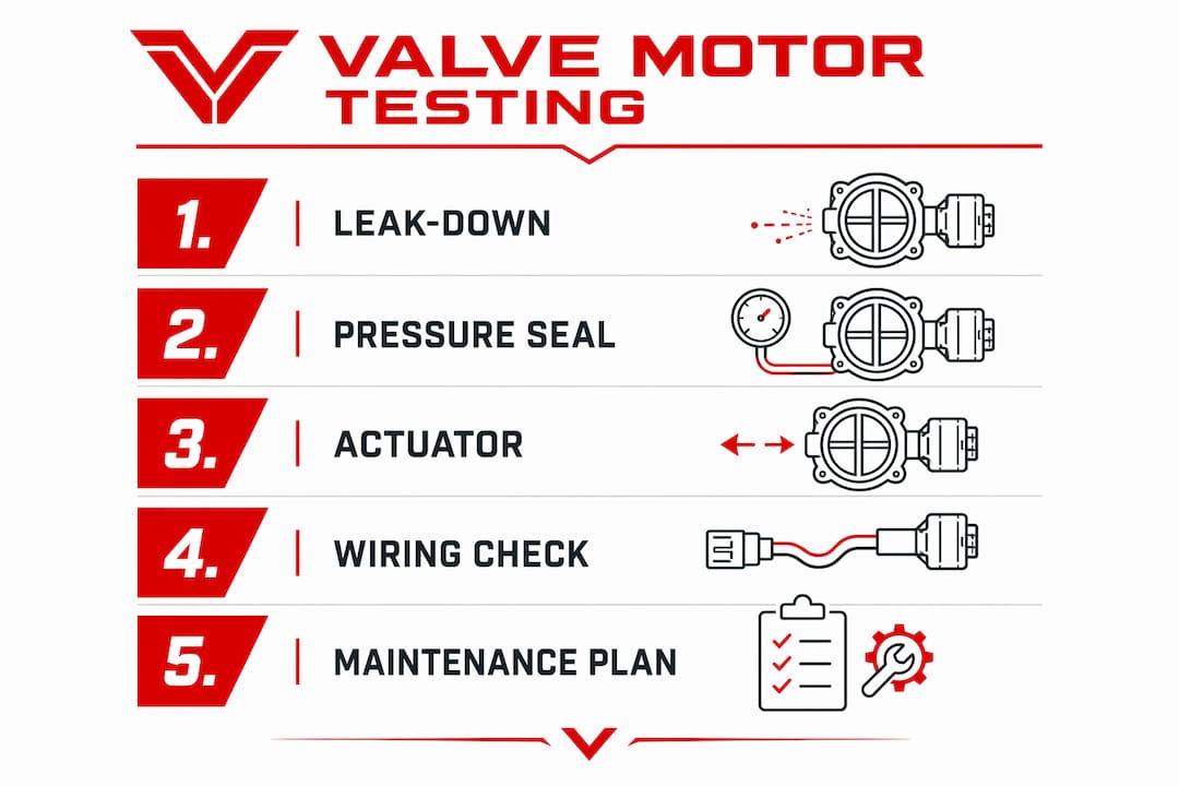 Infographic illustrating five key steps in valve motor testing