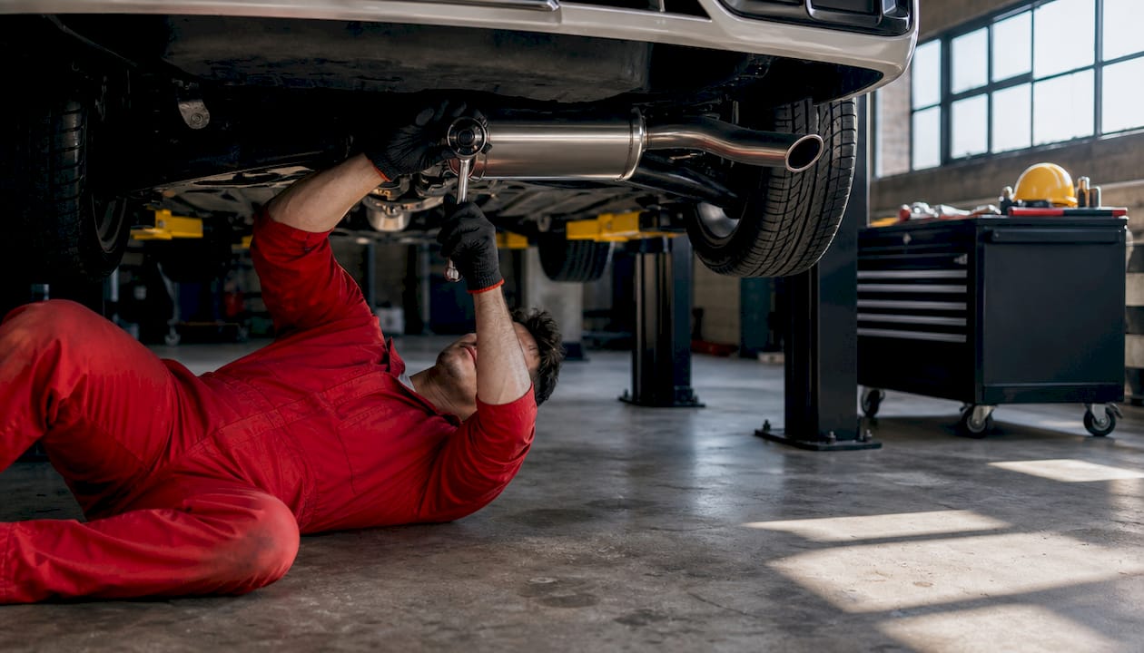 Hands installing direct-fit muffler under car
