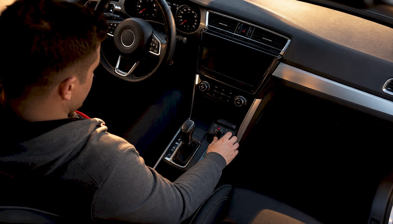 Hand operating exhaust controller switch inside car