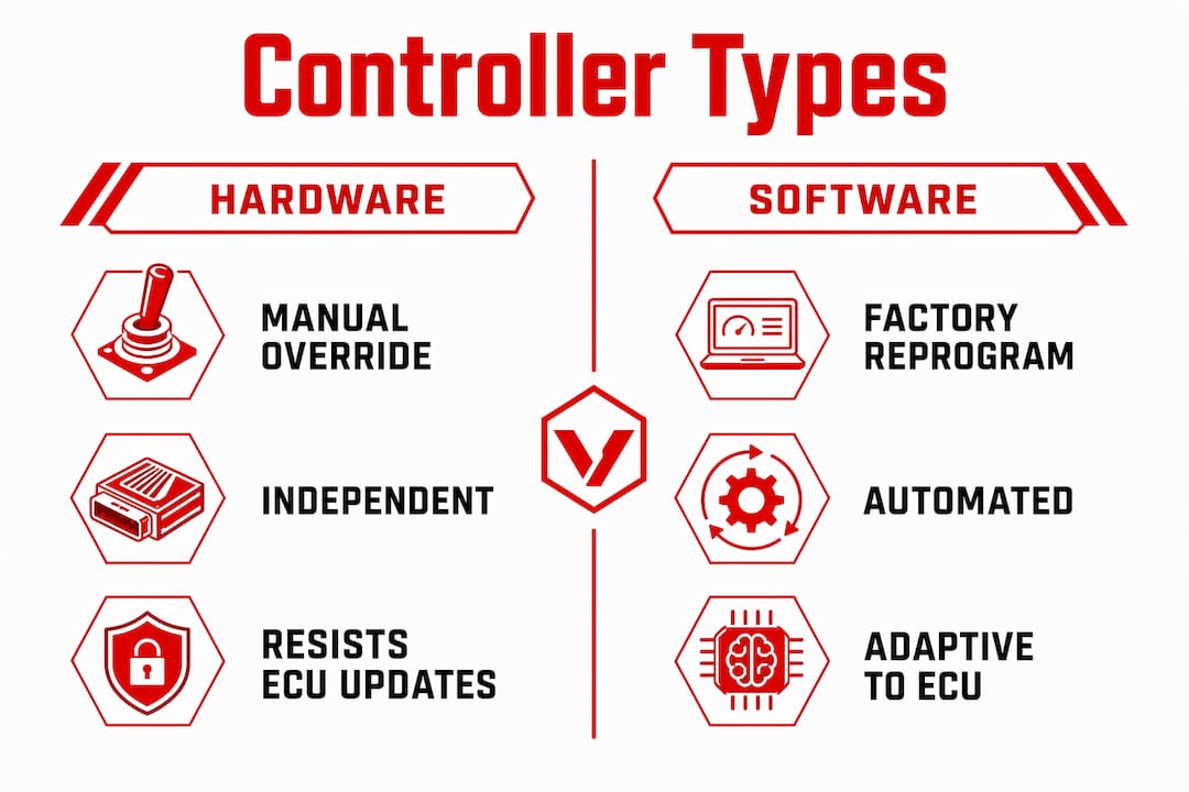 Infographic comparing hardware and software exhaust controllers