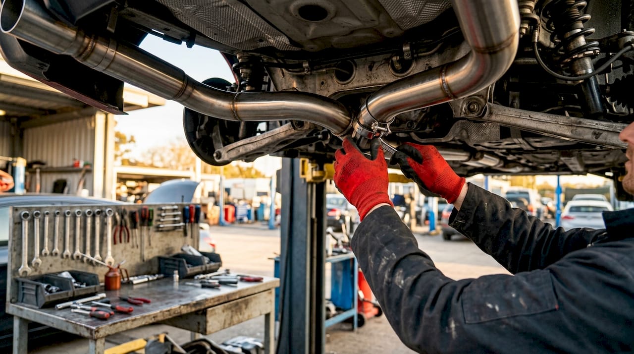 Hands installing race exhaust pipes under lifted car