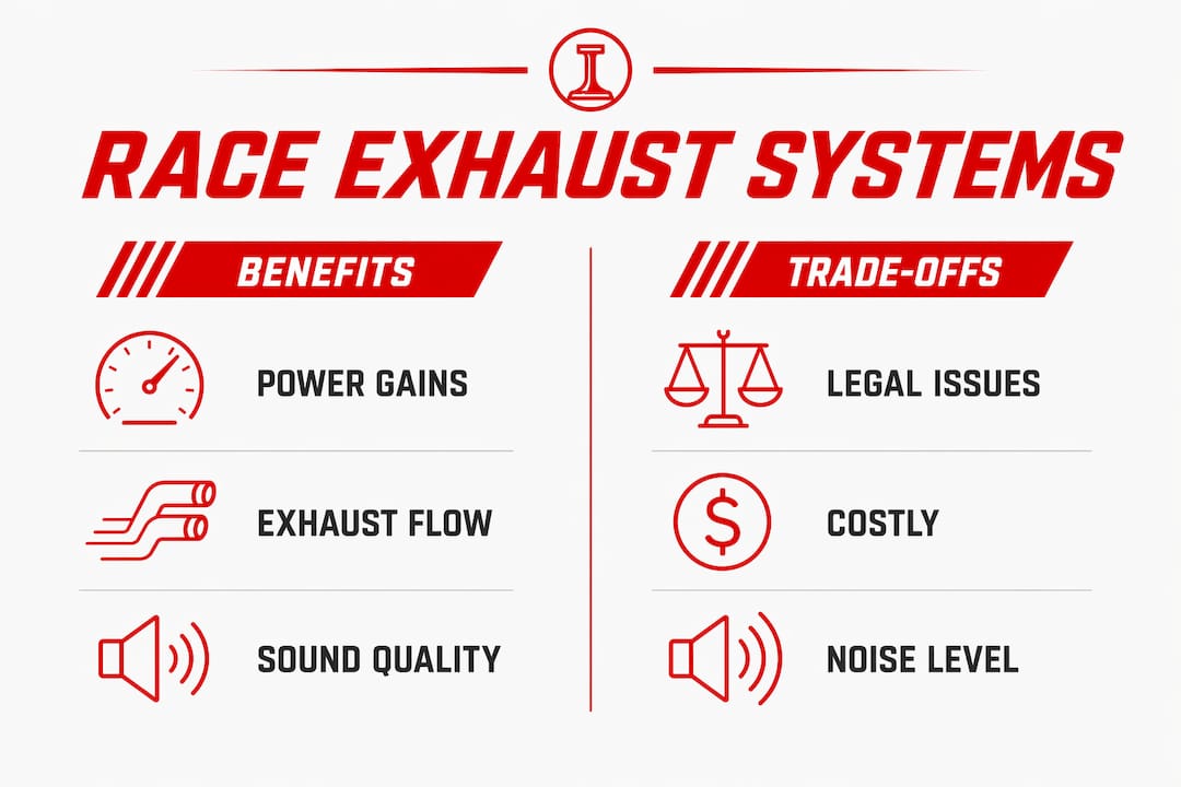 Infographic comparing benefits and trade-offs of race exhaust systems