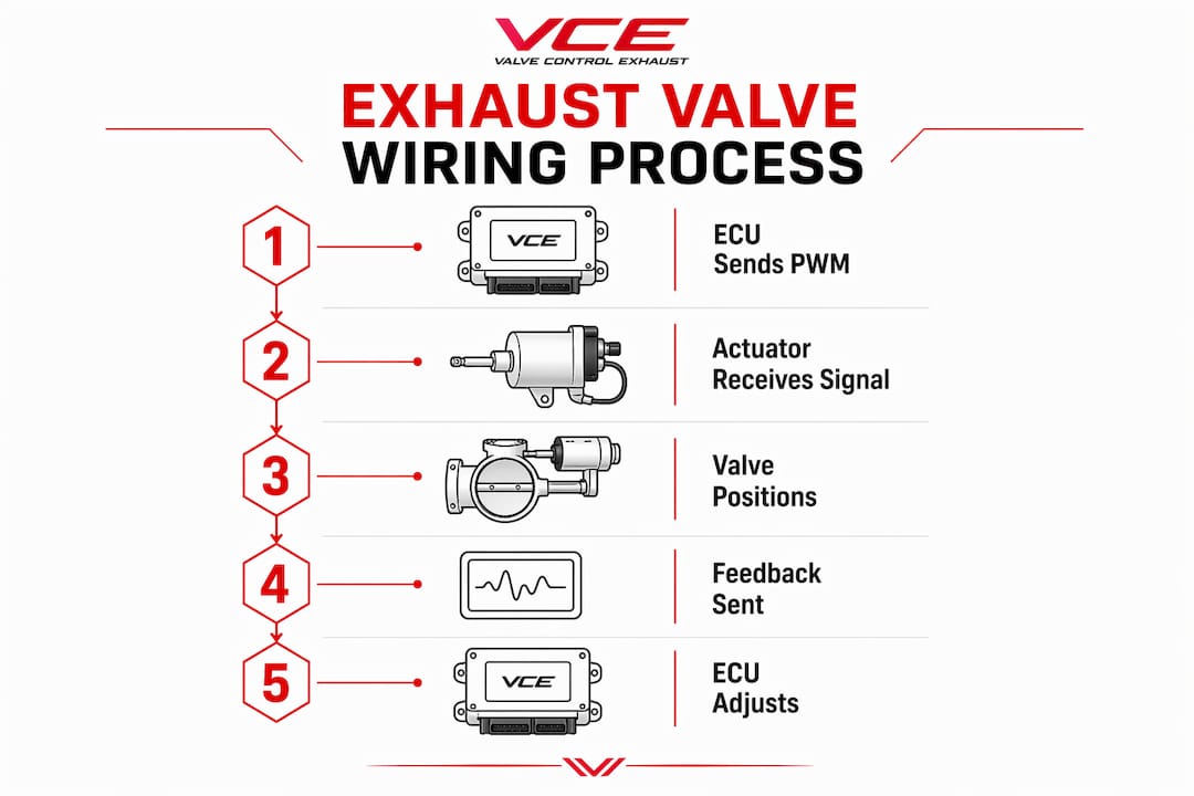 Infographic illustrating exhaust valve wiring process steps