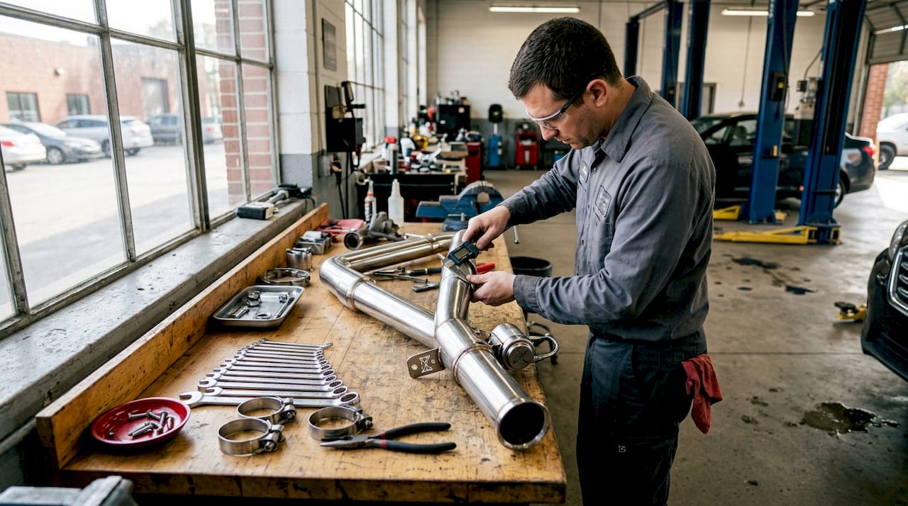 Mechanic measuring exhaust pipe diameter