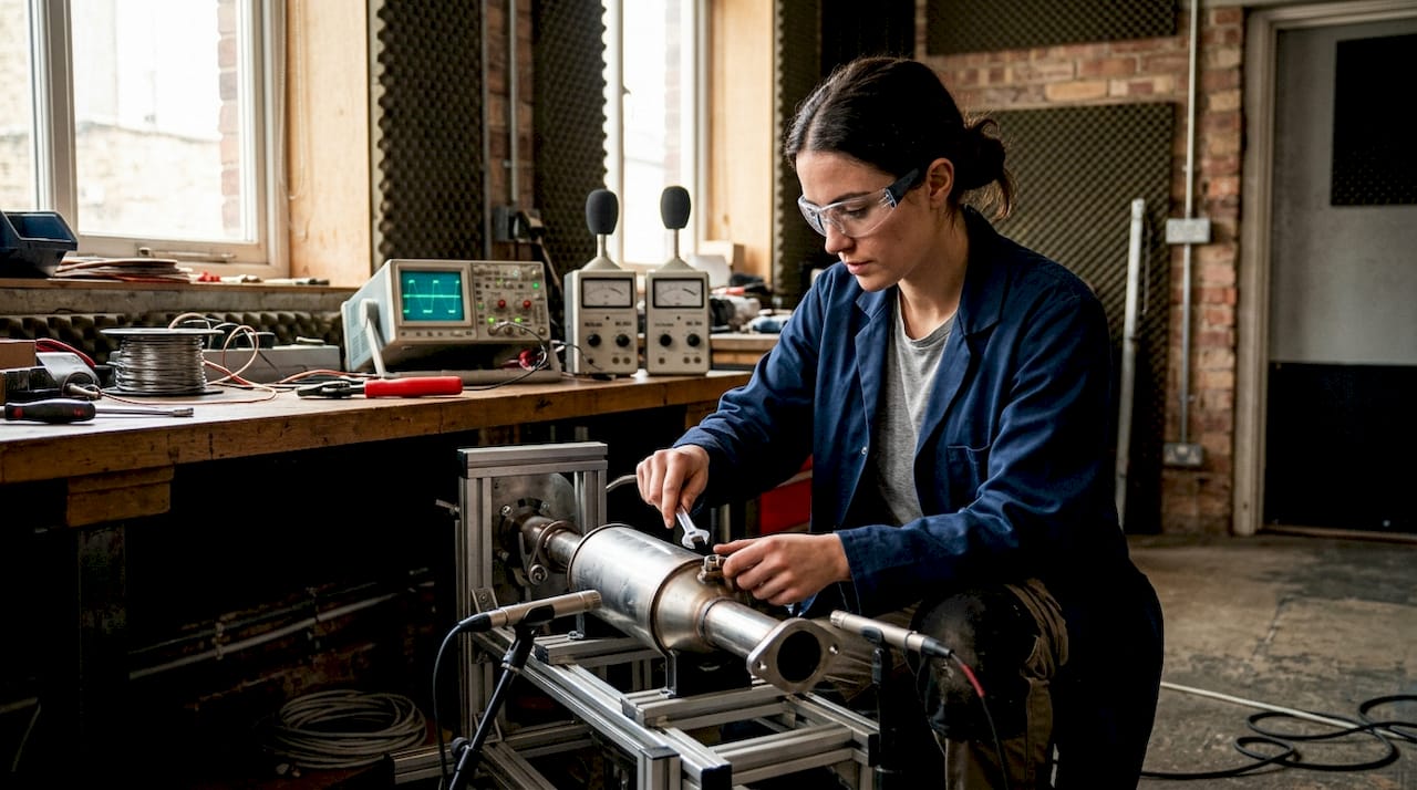 Engineer adjusting exhaust resonator in sound lab