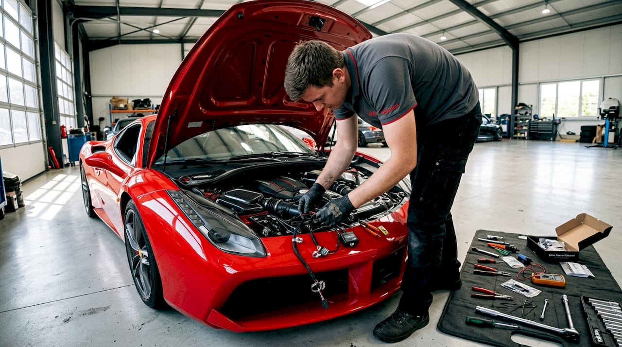 Hands installing exhaust valve controller in engine bay