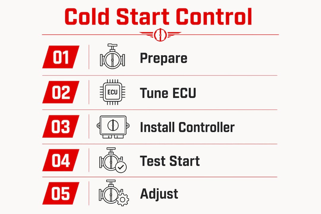 Infographic illustrating five step cold start exhaust control