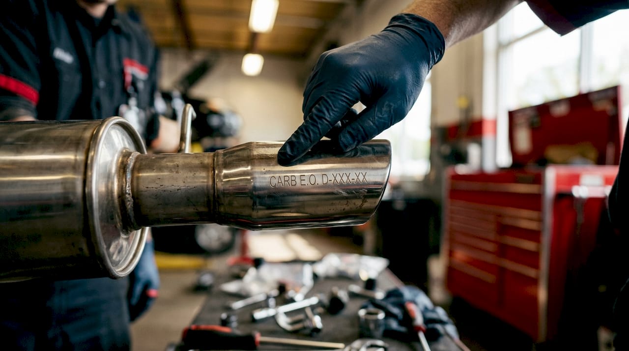 Close-up of engraved CARB number on exhaust pipe