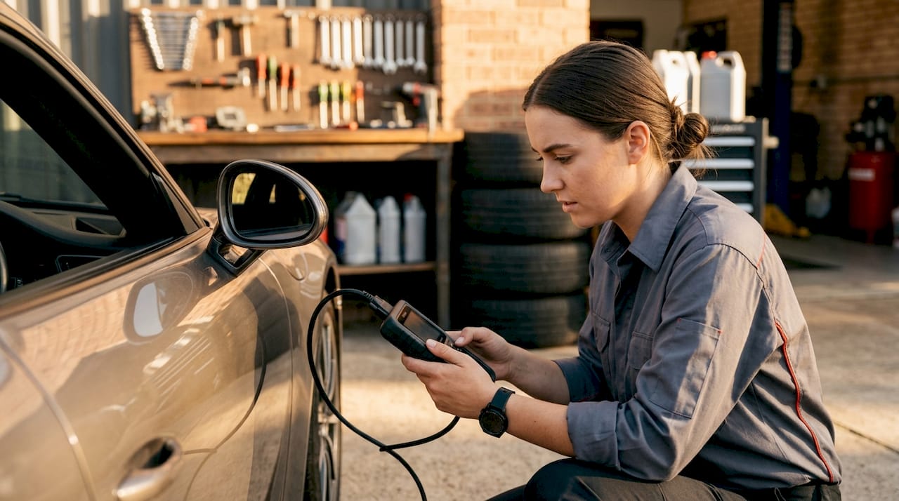 Technician using OBD-II scanner inside car