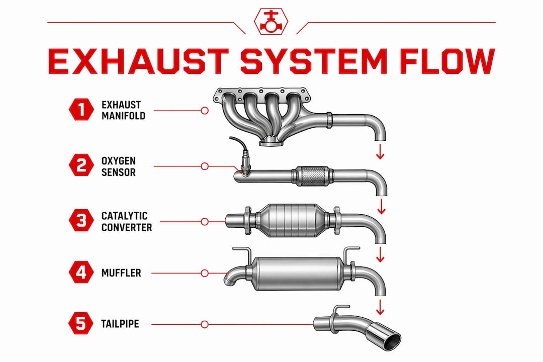 Infographic showing exhaust system flow steps