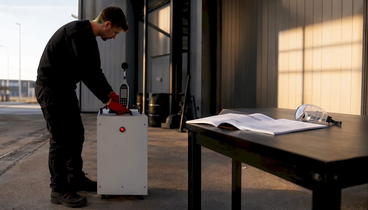 Technician calibrating calibrated SPL meter for exhaust testing