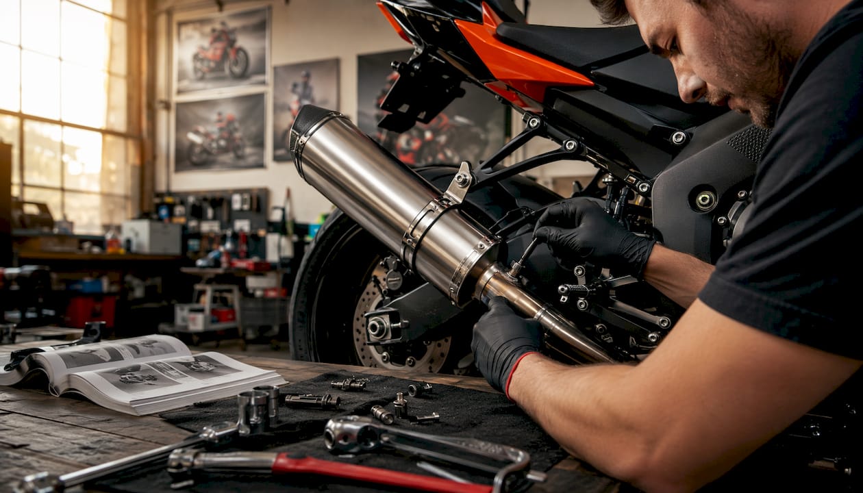 Hands installing Yoshimura slip-on exhaust close-up