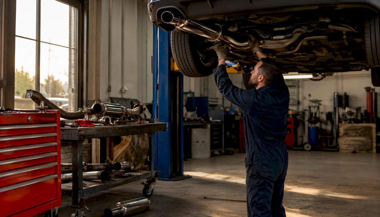 Hands tightening muffler clamp on car exhaust