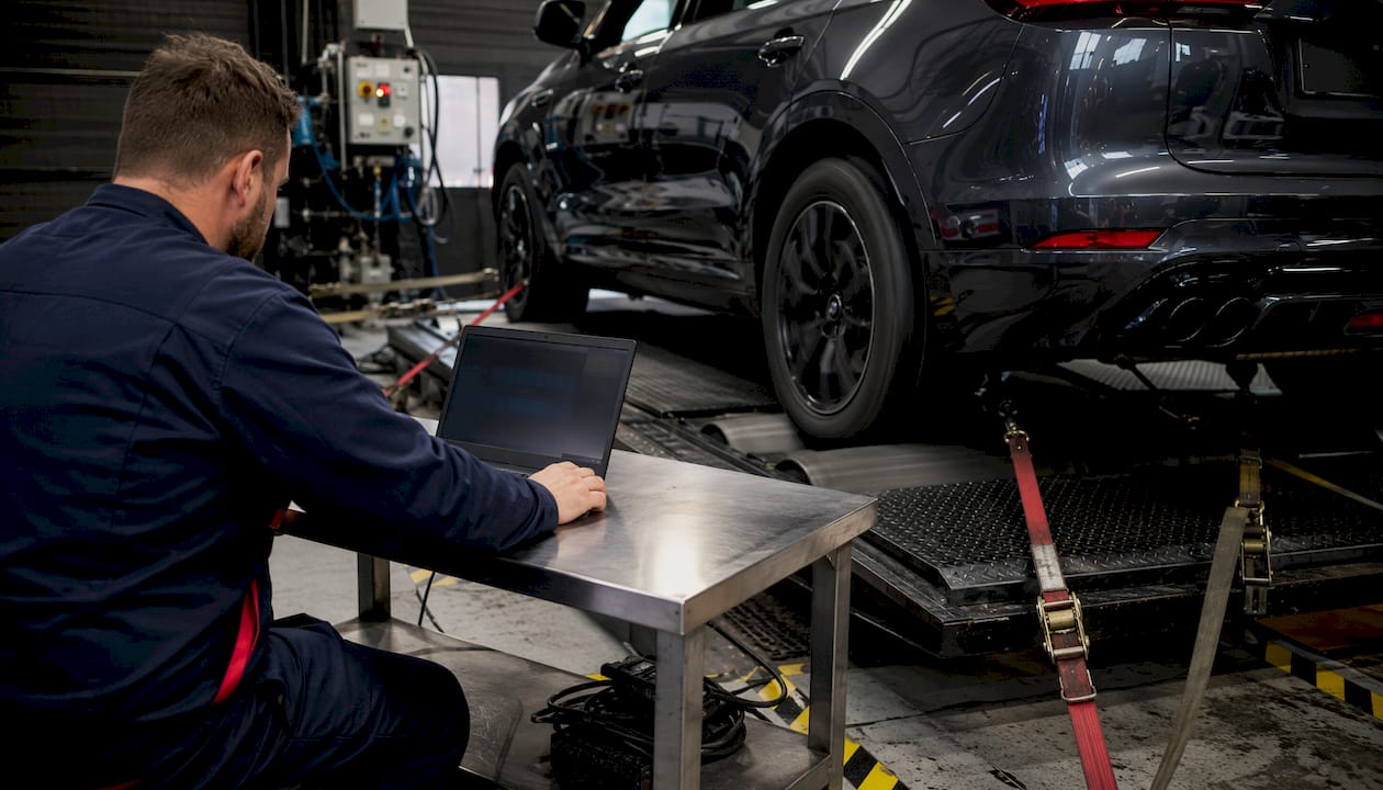 SUV setup on chassis dynamometer rollers