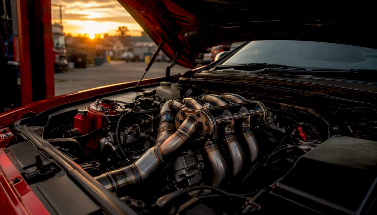 Aftermarket exhaust manifold in engine bay