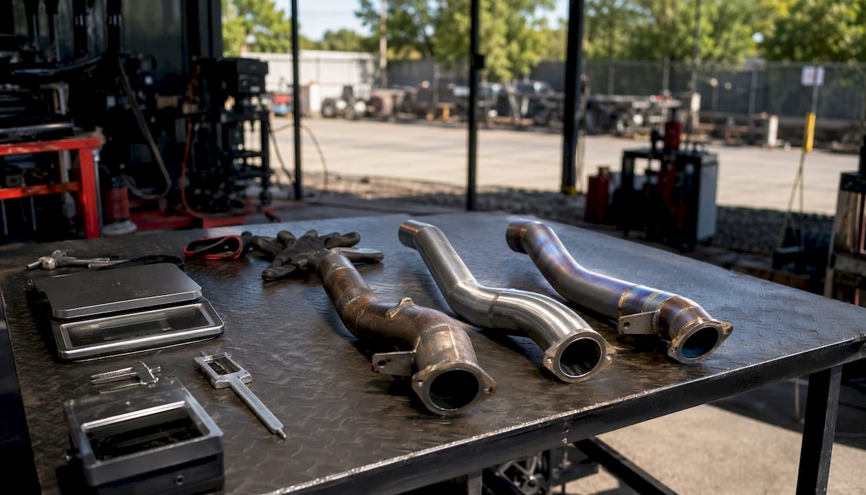 Exhaust pipe material samples on workbench