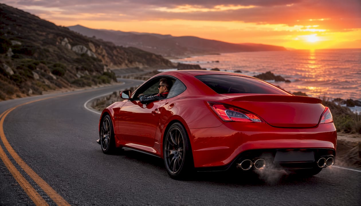 Red sports car accelerating on mountain road
