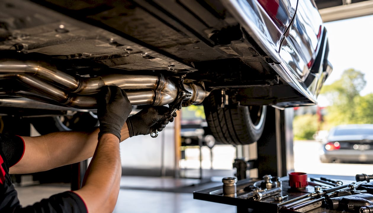Hands installing unequal-length exhaust headers