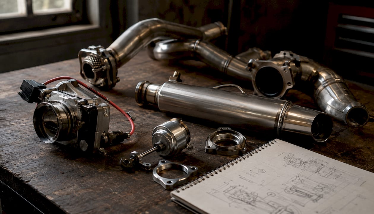 Close-up of exhaust hardware components on workbench