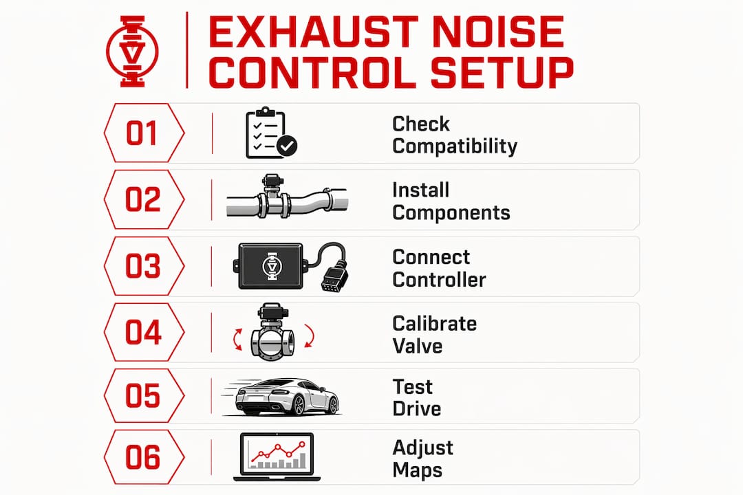 Infographic showing step-by-step exhaust noise control installation process