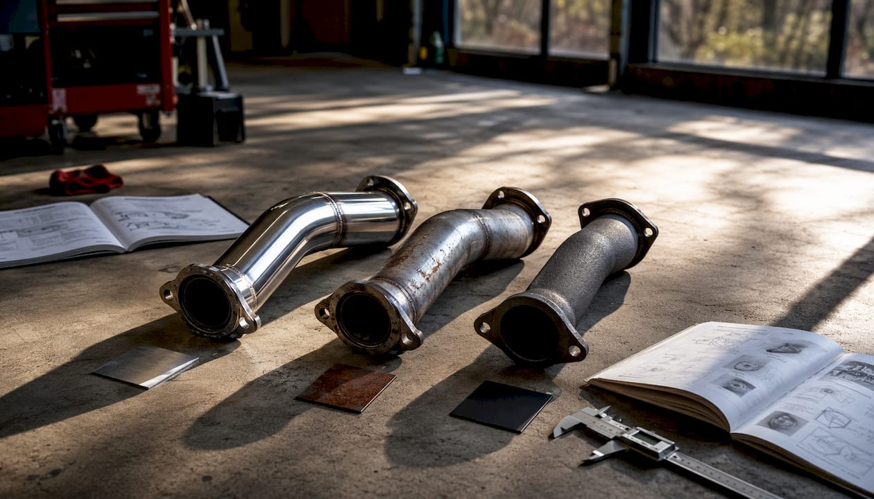 Comparison of different car exhaust pipes on workbench