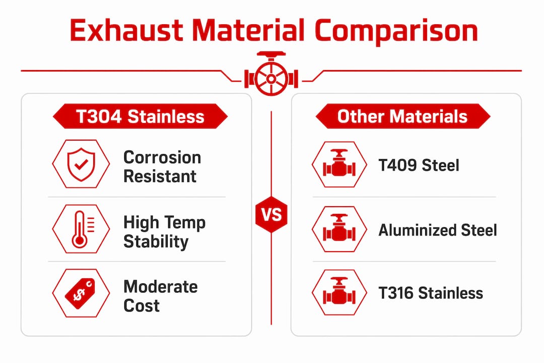 Infographic comparing T304 stainless and other exhaust materials