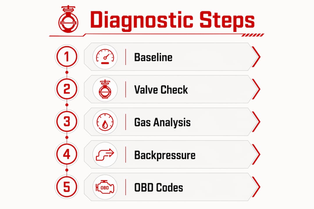 Infographic showing diagnostic steps for valved exhaust systems