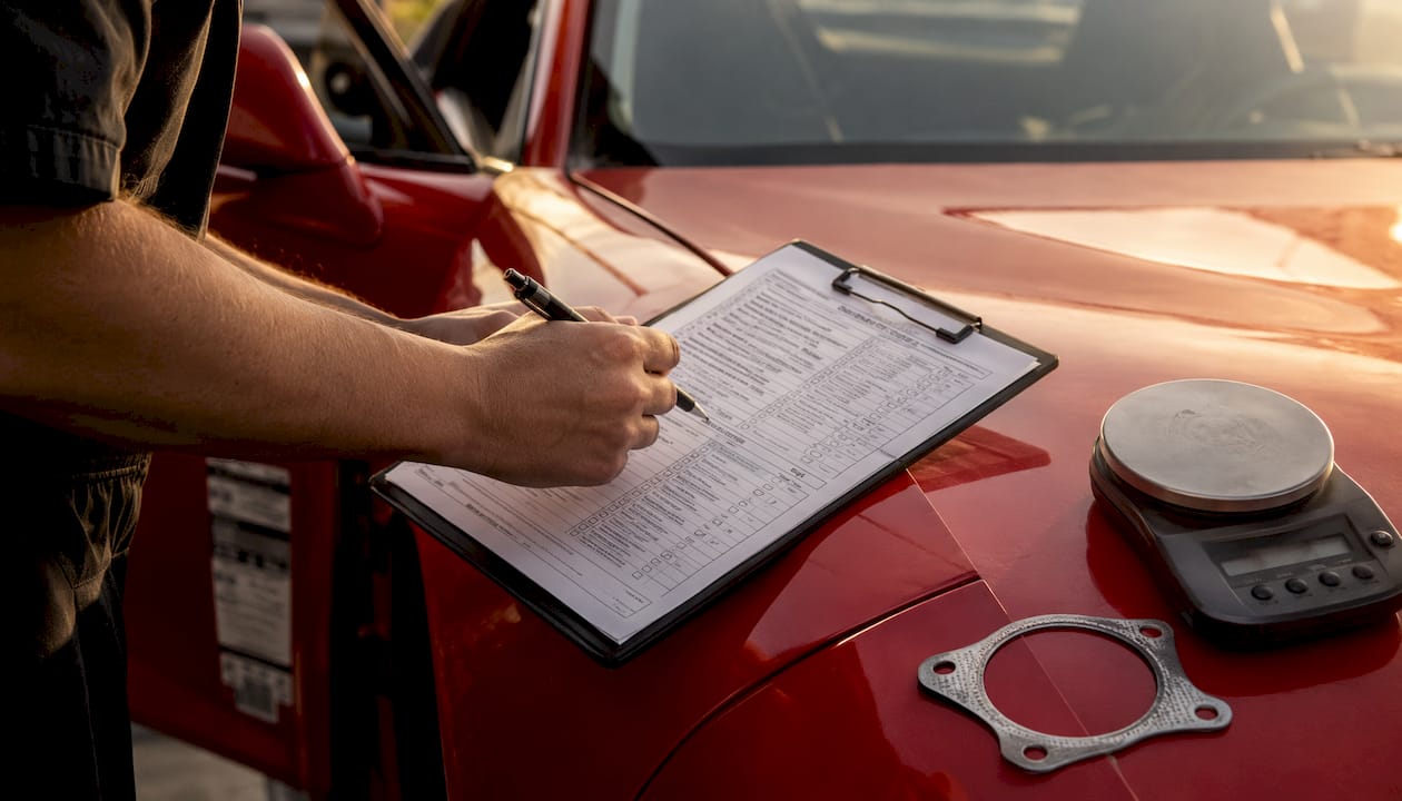 Close-up hand checking exhaust fitment checklist