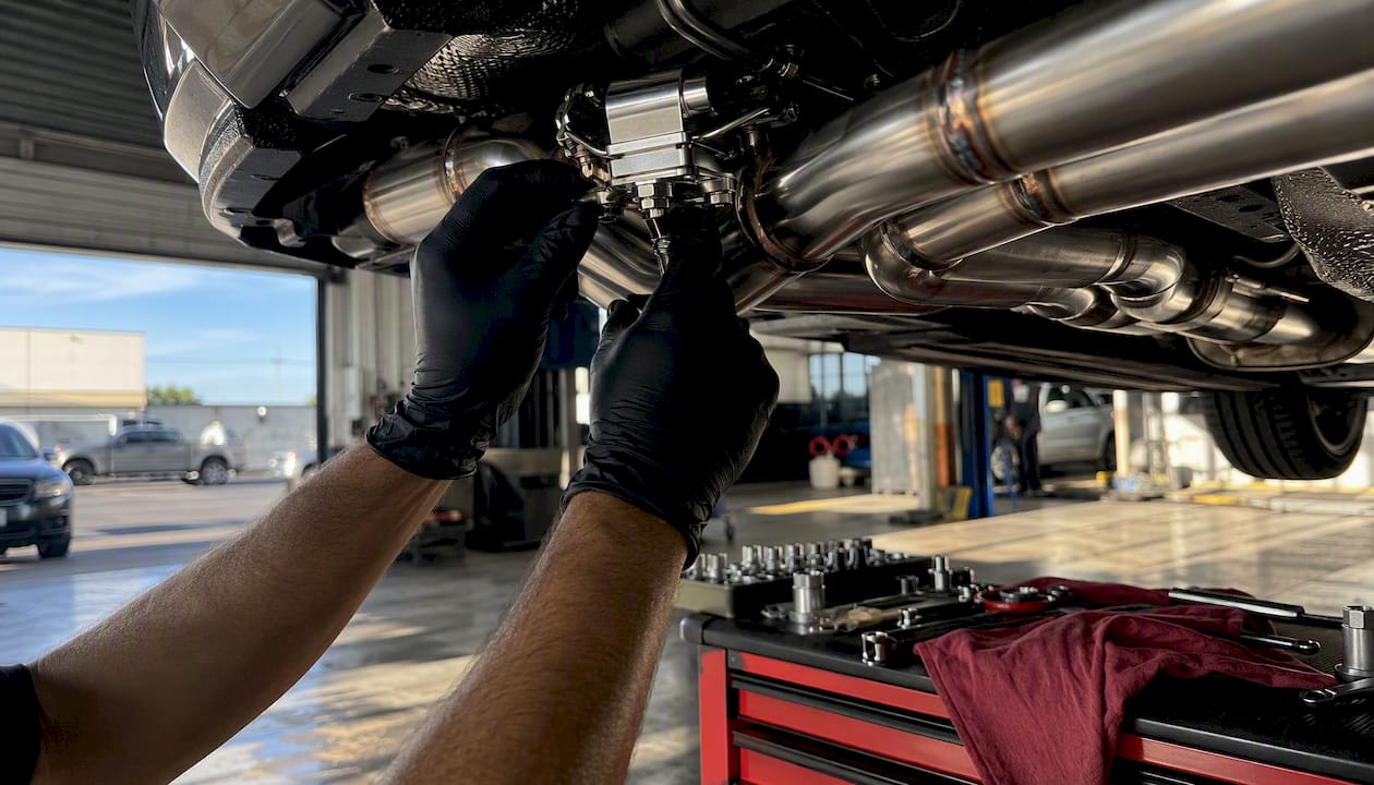 Hands installing valved exhaust on luxury car
