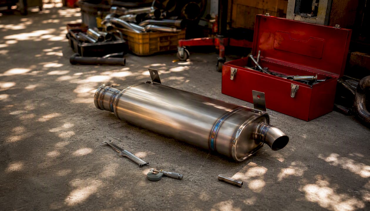 Titanium race exhaust component on workbench