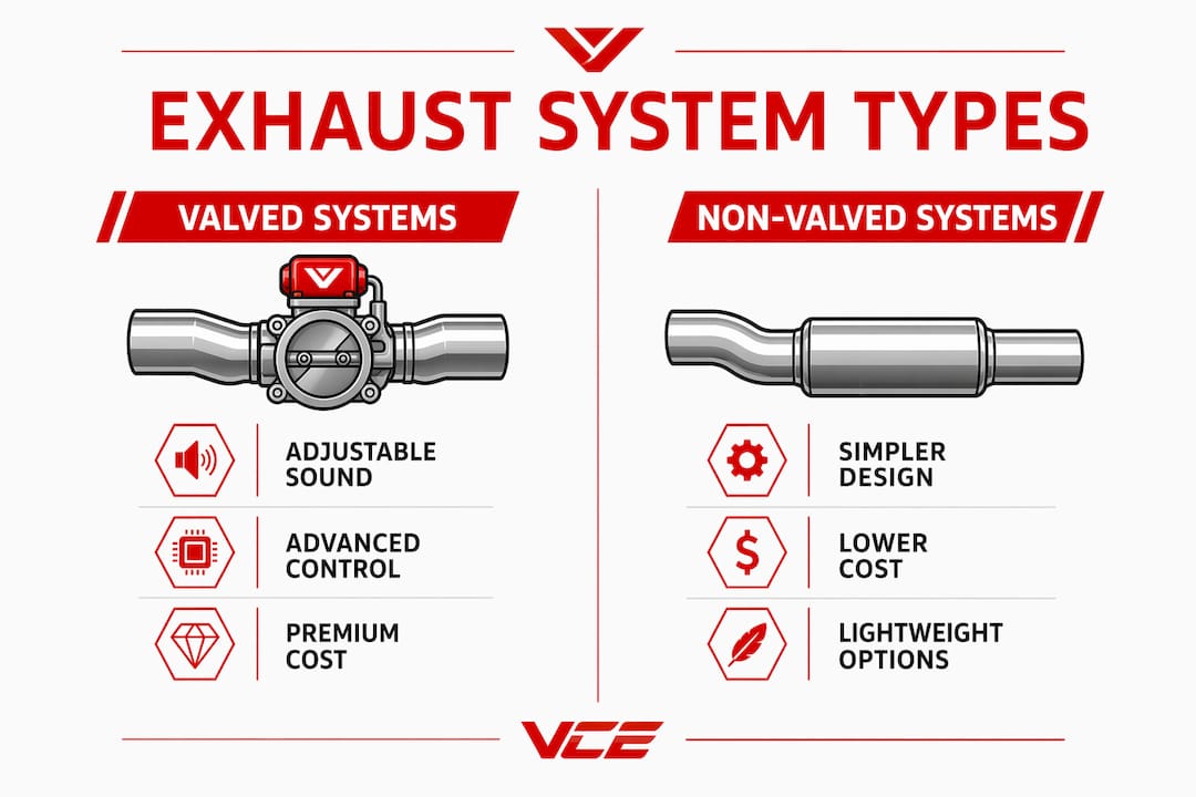 Infographic comparing valved and non-valved exhaust systems