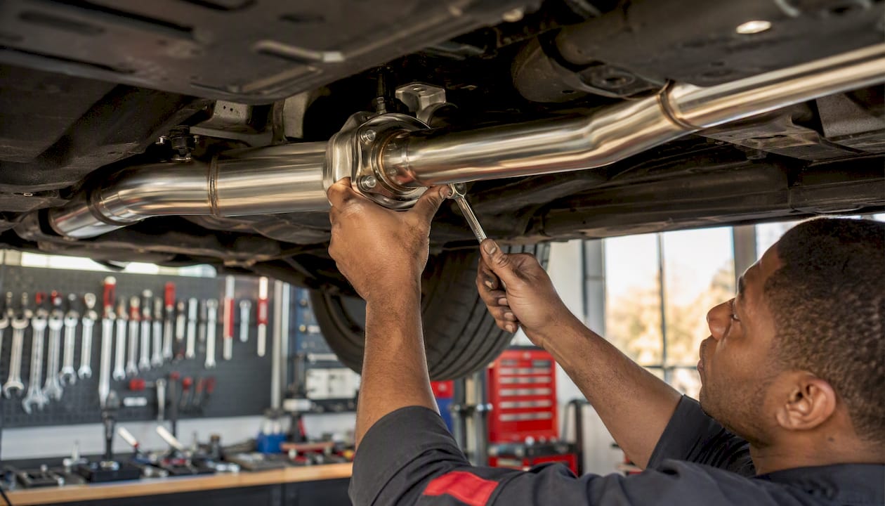 Technician installing performance exhaust under car